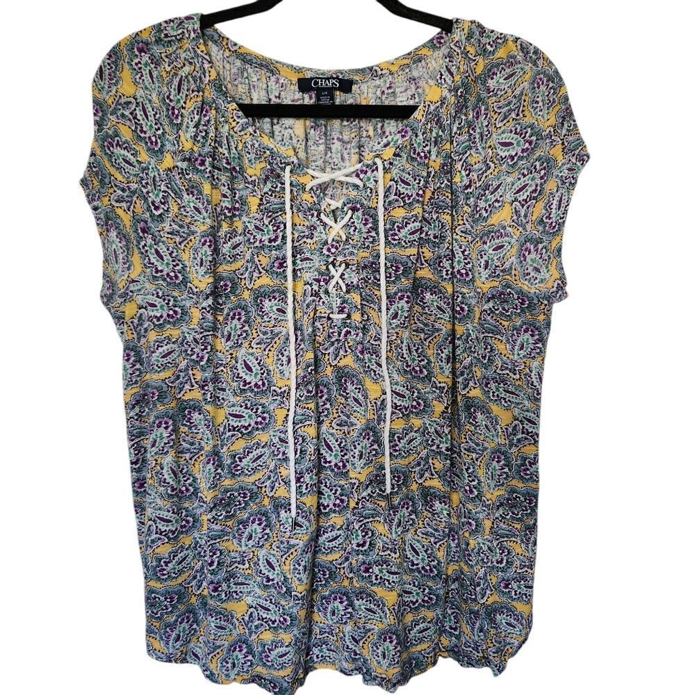 Chaps Womens Short Sleeve Laced Tie Neck Patterned Top Size Large - Picture 1 of 7